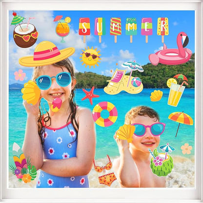 8 Sheets Summer Beach Window Clings Hawaiian Themed Static Window Stickers Refrigerator Glass Stickers Party Decorations Add Joy to The Season and Home Decoration