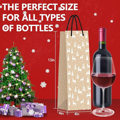 Whaline 12Pcs Christmas Wine Bottle Gift Bags 4 Design Kraft Paper Bottle Bags Xmas Tree Snowflake Elk Plaids Wine Bags for Winter Holiday Wedding Party Favor Hostess Gift Home Table