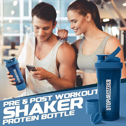 Utopia Home Shaker Bottle 2 Pack - 24 Ounce Plastic Protein or Cocktail Shaker Bottle for Pre & Post workout with Twist & Lock Protein Box Storage (All Navy & Clear/Navy)