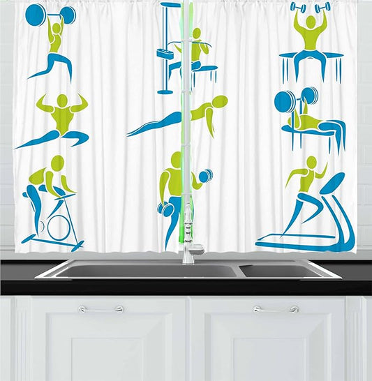 Ambesonne Fitness Kitchen Curtains, Showing Different Gym Activities Weightlifting Equipment, Window Drapes 2 Panel Set for Kitchen Cafe Decor, 55" x 24", Apple Green