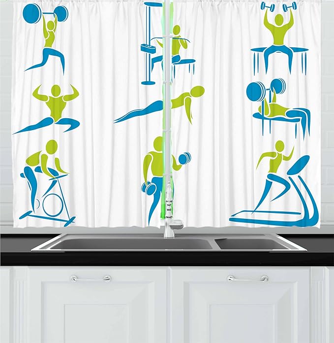 Ambesonne Fitness Kitchen Curtains, Showing Different Gym Activities Weightlifting Equipment, Window Drapes 2 Panel Set for Kitchen Cafe Decor, 55" x 36", Apple Green