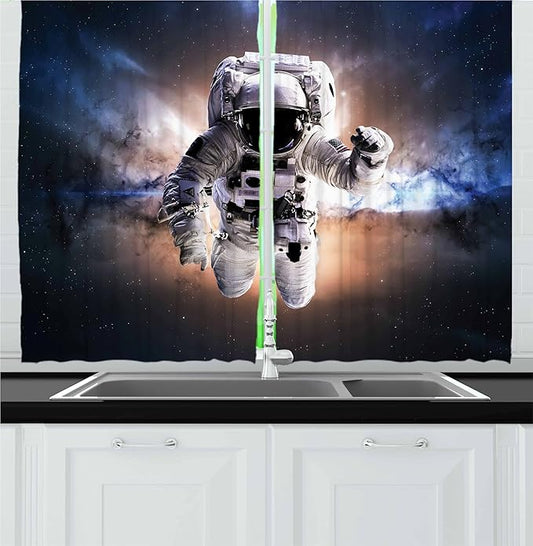 Ambesonne Astronaut Kitchen Curtains, Floating Astronaut in Space Nebula Heavenly Bodies Star Systems Love Science, Window Drapes 2 Panel Set for Kitchen Cafe Decor, 55" x 30", Space Blue