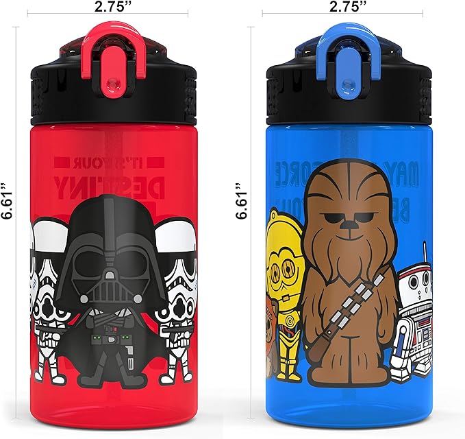 Zak Designs PP Park Straw Kids Durable Plastic Spout Cover and Built-in Carrying Loop, Leak-Proof Water Design for Travel, (16oz, 2pc Set), 2 Count (Pack of 1), Darth Vader Bottle 2pk