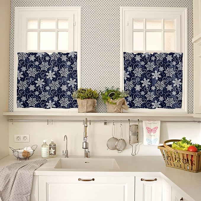 Vandarllin Christmas Kitchen Curtains and Valances Set, White Navy Snowflakes Pattern Windows Treatments Tiers Half/Short Curtains for Small Windows Cafe/Living Room/Bedroom 54x24 in Winter