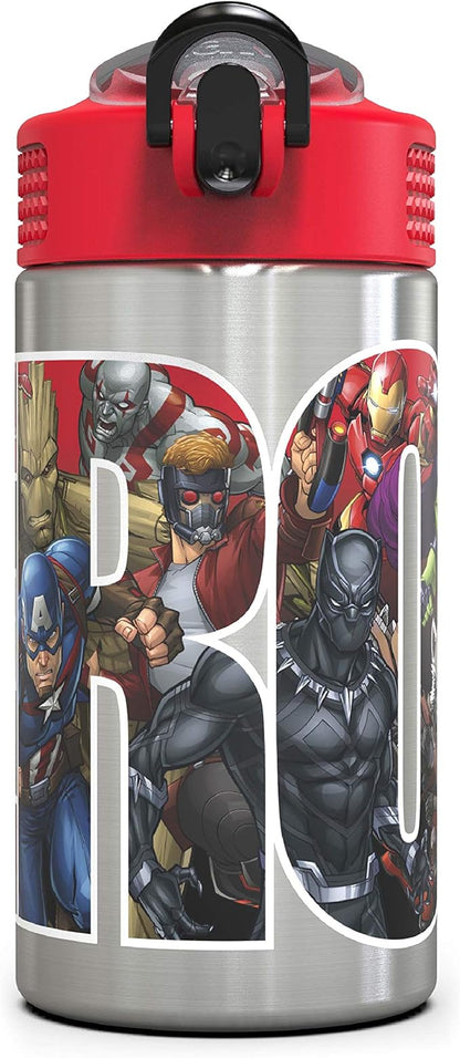 Zak Designs Marvel Universe - Stainless Steel Water Bottle with One Hand Operation Action Lid and Built-in Carrying Loop, Kids Water Bottle with Straw Spout is Perfect for Kids (15.5 oz, BPA Free)