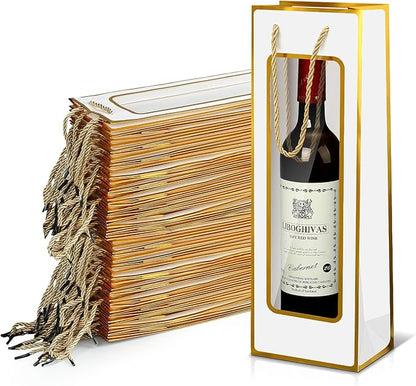 Yeaqee 50 Pcs Wine Gift Bags for Wine Bottles 4.92" x 3.35" x 14.2" Reusable Clear Window Wine Bottle Bags Bulk with Handles for Weddings, Birthday(White, Gold, Elegant)