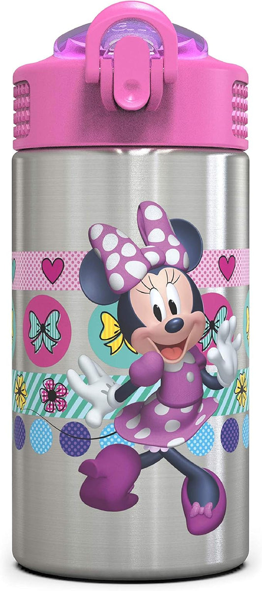 Zak Designs Disney Minnie’s Happy Helpers - Stainless Steel Water Bottle with One Hand Operation Action Lid and Built-in Carrying Loop, Kids Water Bottle with Straw Spout (15.5 oz, 18/8, BPA Free)