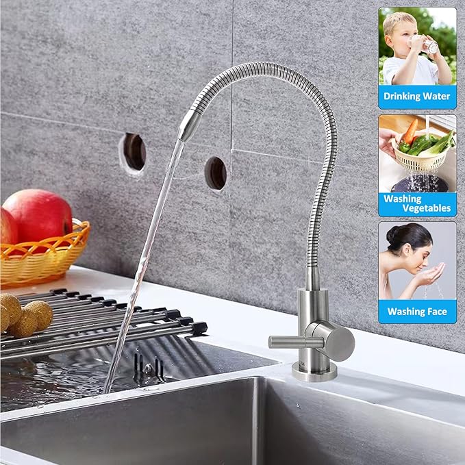 2024 Drinking Water Faucet with Flexible Gooseneck, Lead-Free Beverage Kitchen Water Filter Faucet Fits Most Water Purifier Filter Filtration Systems or Reverse Osmosis Units, SUS304 Stainless Steel