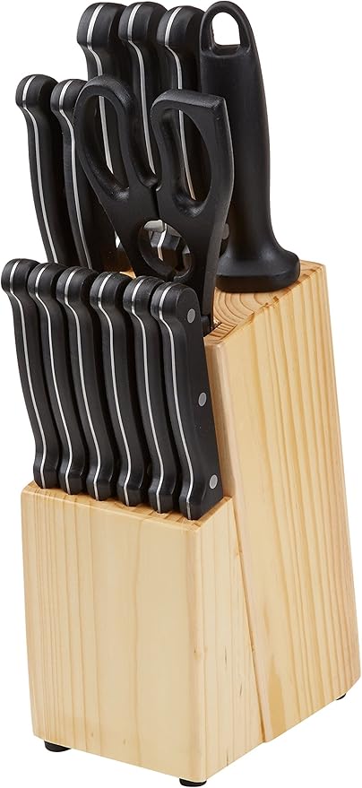 Amazon Basics 14-Piece Kitchen Knife Set with High-Carbon Stainless-Steel Blades and Pine Wood Block, Black