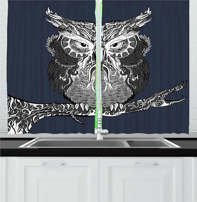 Ambesonne Indie Kitchen Curtains, Owl with Vintage Style Ornaments Wisdom Creature of Night, Window Drapes 2 Panel Set for Kitchen Cafe Decor, 55" x 36", Charcoal Grey