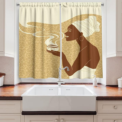 Ambesonne African Long Kitchen Curtains, Smiling Happy Afro Lady with Hot Coffee Cup Cocoa Vintage, Two Panels Drapes with Rod Pocket Room Decor, 55" x 45", Soft Brown