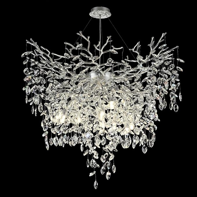 40 inch Crystal Chandelier for Dining Room, Round Silver Tree Branches Chandeliers, Top K9 Crystal Chandelier, Modern Chandeliers for Kitchen,Foyer Entryway,Luxury Adjustable Hanging Chandelier