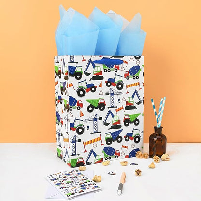 13" Large Vehicle-themed Gift Bags Set with Greeting Card and Tissue Paper (Blue Car Design) for boys, Kids Birthday Party,Baby boy,Baby Shower,Newborn,New Moms or Parents -10.2”x5.2”x13”, 1 Pcs