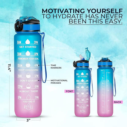 2 PACK: 32 Oz Water Bottle with Time Marker - Motivational Gym Water Bottle with Strap & Holder for Everyday Use | Water Bottles with Times to Drink | Big Water Bottle with Straw, Leak Proof & Durable