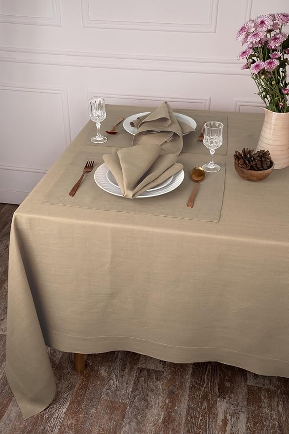 D'Moksha Homes Linen Tablecloth 60 x 108 Inch - 100% Pure Linen Champagne Beige Tablecloth - Machine Washable Dining Tablecloth for Rectangle Tables