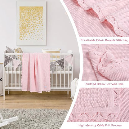 100% Cotton Baby Blanket Knit Soft Warm Lace Toddler Newborn Nursery Blanket,30 x 40 Inches, Light Pink