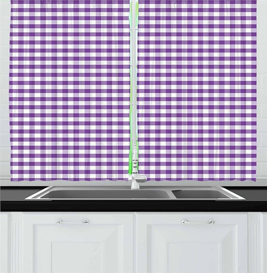 Ambesonne Checkered Kitchen Curtains, Purple and White Colored Gingham Checks Rows Picnic Theme Vintage Style Print, Window Drapes 2 Panel Set for Kitchen Cafe Decor, 55" x 30", Purple White