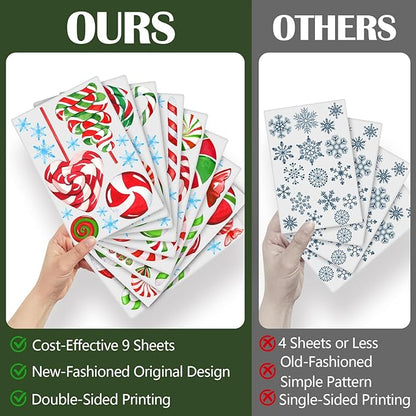 Yovkky 157 PCS Christmas Window Clings 9 Sheets, Xmas Candy Cane Peppermint Lollipop 2025 New Year Stickers Decals Decor, Christmas Snowflakes Winter Holiday Party Home Kitchen Candyland Decorations