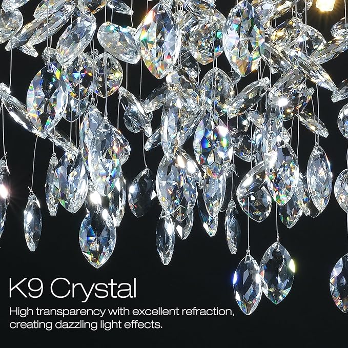 32 in Crystal Chandelier for Dining Room, Round Silver Tree Branches Chandeliers, Top K9 Crystal Chandelier, Modern Chandeliers for Kitchen,Foyer Entryway,Luxury Adjustable Hanging Chandelier