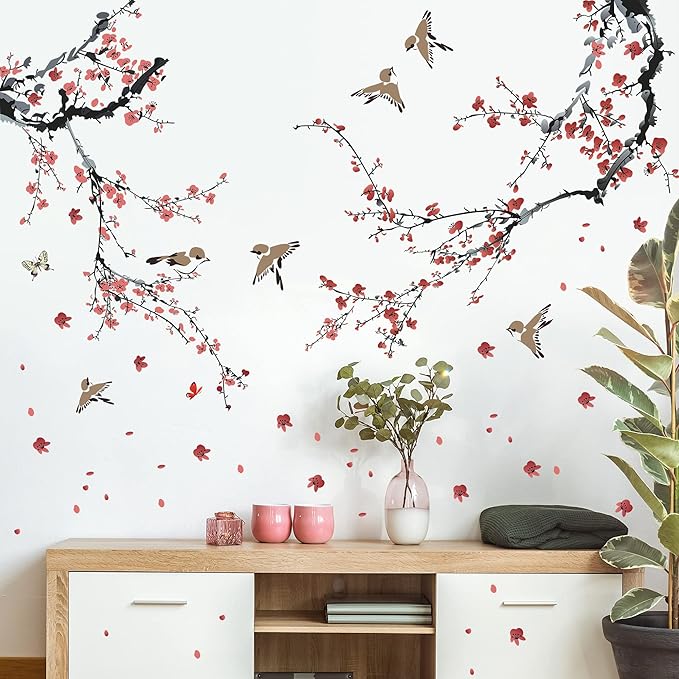 AM AMAONM Removable 3D Ink Style Black Tree Branches and Pink Red Flower Wall Decals Plum Blossom Flowers and Birds Wall Sticker Peel and Stick Wall Decor for Home Walls Living Room Kids Baby Bedroom Nursery Girls Wall Corner Decoration (A)