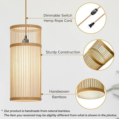 Plug in Pendant Light - Bamboo Hanging Lamp 15ft Hemp Rope Cord Dimmable Switch - Mini Plug in Hanging Light, Hanging Lamps for Bedrooms - Japandi Pendant Lamp for Home Decor