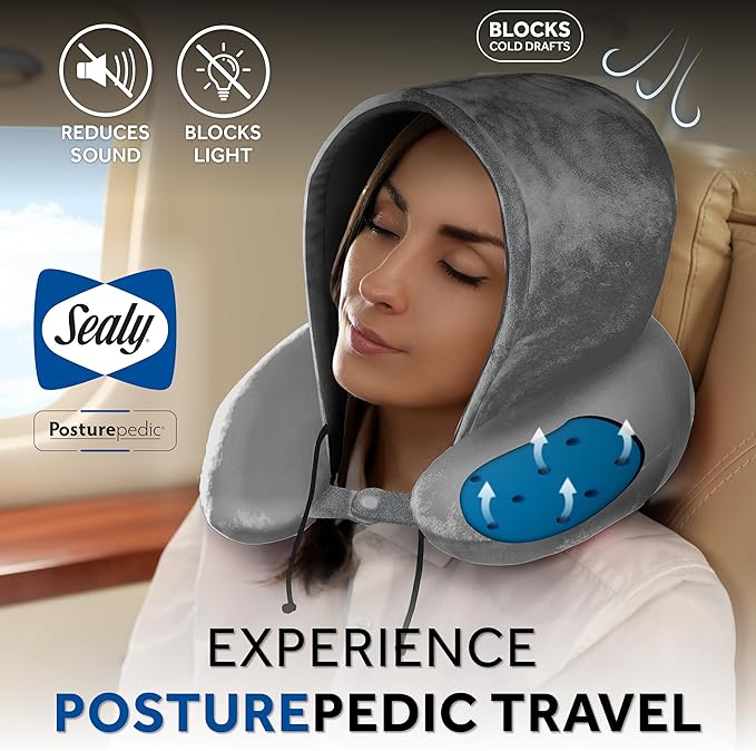 Sealy, Infused-Gel Hooded Travel Pillow with Airflow Memory Foam, Tailored Just for You with Contoured Support, The Ultimate Rest for Flights, Rides, and Your Home, Blocks Cold Drafts, Gray