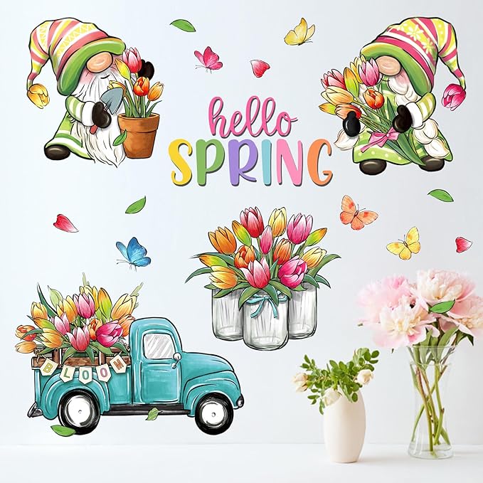 Mfault Hello Spring Gnome Wall Decals Stickers, Tulip Flower Teal Truck Mason Jar Decorations Bedroom Art, Bloom Floral Butterfly Pot Seasonal Home Kitchen Decor Party Supplies