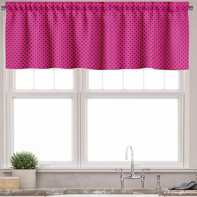 Ambesonne Hot Pink Valance & Tier Curtain 3 pcs Set, Pop Art Inspired Design Retro Pattern of Black Polka Dots Classical Spotted, Window Treatments for Kitchen Room Decor, 55" x 30", Black Pink