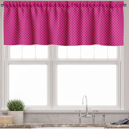 Ambesonne Hot Pink Valance & Tier Curtain 3 pcs Set, Pop Art Inspired Design Retro Pattern of Black Polka Dots Classical Spotted, Window Treatments for Kitchen Room Decor, 55" x 36", Black Pink