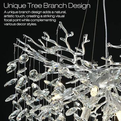 32 in Crystal Chandelier for Dining Room, Round Silver Tree Branches Chandeliers, Top K9 Crystal Chandelier, Modern Chandeliers for Kitchen,Foyer Entryway,Luxury Adjustable Hanging Chandelier