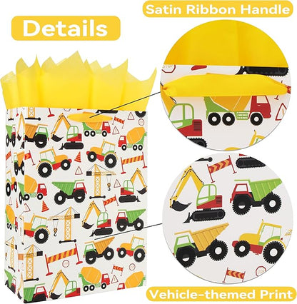 16.5” Extra Large Vehicle-themed Gift Bags Set with Greeting Card and Tissue Paper (Yellow Car Design) for boys, Kids Birthday Party, Baby boy, Baby Shower, Newborn, New Moms or Parents -