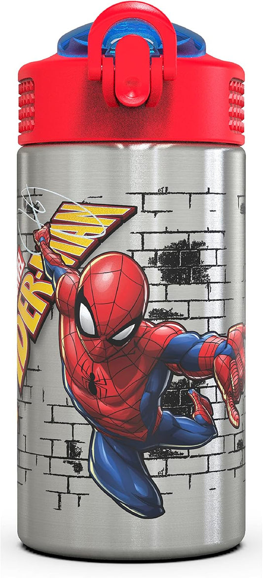 Zak Designs Stainless Steel One Hand Operation Lid and Built-in Carrying Loop Water Bottle with Straw Spout is Perfect for Kids (15.5 oz, BPA Free), 1 Count (Pack of 1), Spiderman