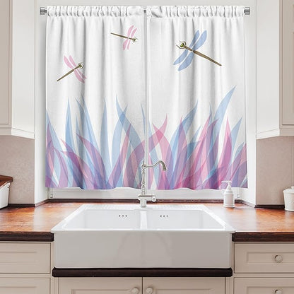 Ambesonne Dragonfly Long Kitchen Curtains, Nature Themed Colorful Birds Like Bugs Flies on Flame Abstract Image, Two Panels Drapes with Rod Pocket Room Decor, 55" x 45", Violet Pink