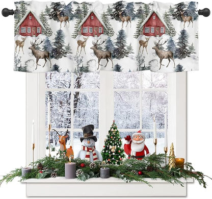 Vandarllin Christmas Valance Kitchen Curtains for Windows, Red Farmhouse Barn Rod Pocket Valances Window Treatments Elk Short Curtains for Bedroom/Living Room, 54" X 18" -1 Panel