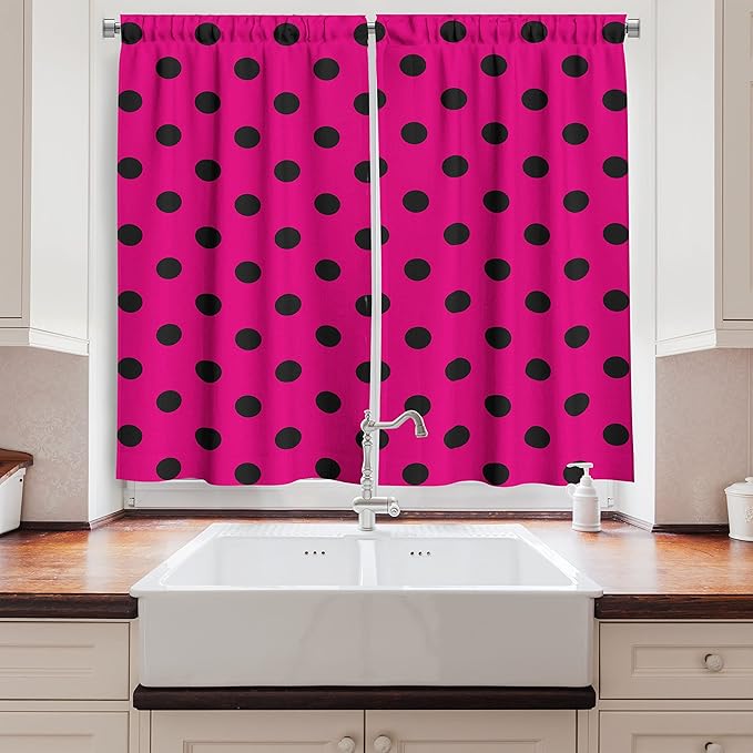 Ambesonne Hot Pink Long Kitchen Curtains, Pop Art Inspired Design Retro Pattern of Black Polka Dots Classical Spotted, Two Panels Drapes with Rod Pocket Room Decor, 55" x 45", Black Pink