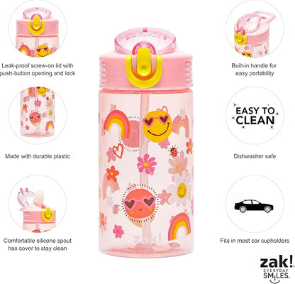 Zak Designs Kids Water Bottle For School or Travel, 16oz Durable Plastic Water Bottle With Straw, Handle, and Leak-Proof, Pop-Up Spout Cover (Sunny Smiles)