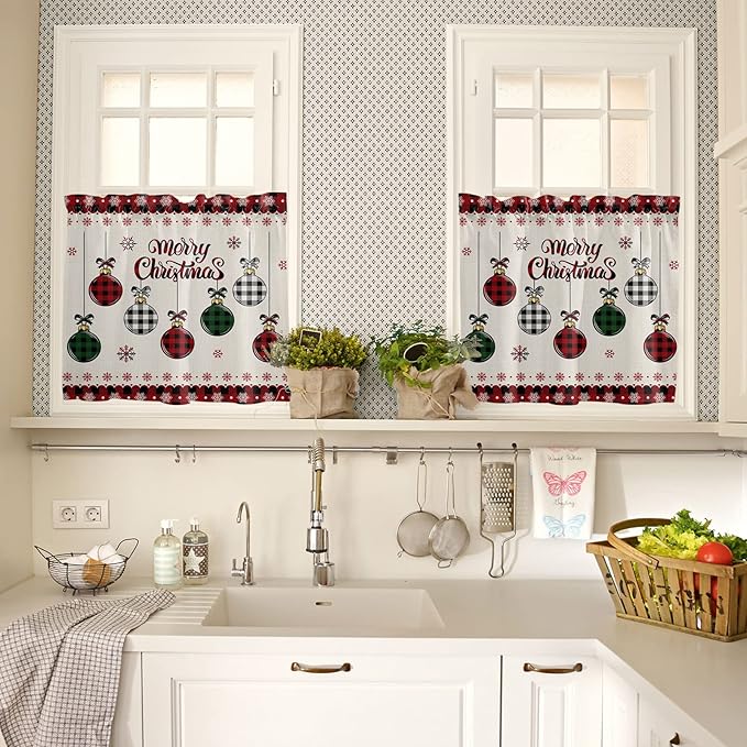 Vandarllin Christmas Kitchen Curtains and Valances Set, Vintage Buffalo Plaid Christmas Balls Window Treatments Tiers Farmhouse Half/Short Curtains for Small Windows Cafe/Living Room/Bedroom 54x24 in