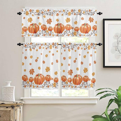 Vandarllin Fall Maple Leaves Kitchen Curtains and Valances Set, Thanksgiving Watercolor Pumpkins Small Windows Treatments Tiers Half/Short Curtains for Cafe/Living Room/Bedroom 54x24 in-, Orange