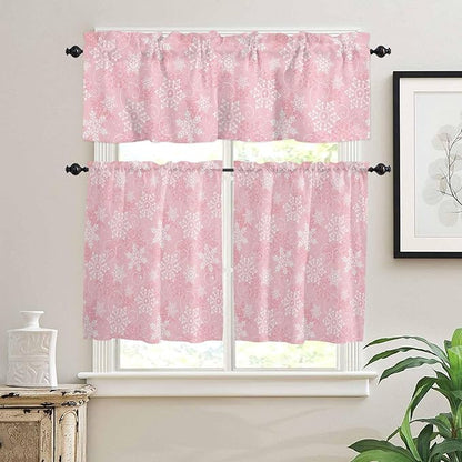 Vandarllin Christmas Kitchen Curtains and Valances Set, Pink White Snowflakes Pattern Windows Treatments Tiers Half/Short Curtains for Small Windows Cafe/Living Room/Bedroom 54x24 in Winter