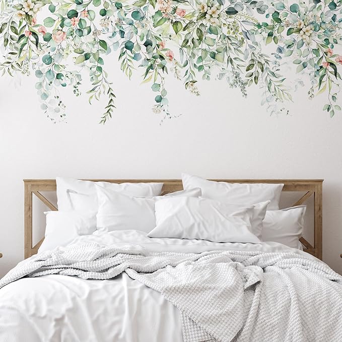 Zonon Flowers Wall Decals Vinyl Dragonflies Flowers Wall Stickers Removable Floral Wall Murals Peel and Stick Colorful Flower Wall Decor for Bedroom Living Room Nursery(Greenery)