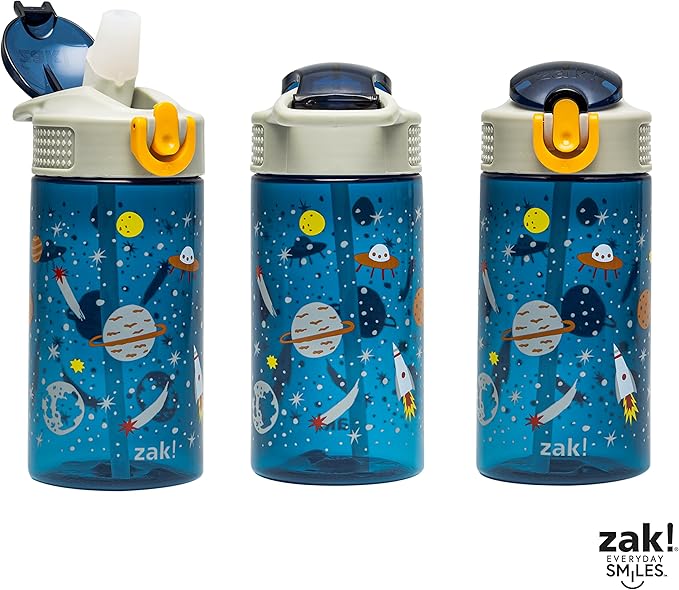 Zak Designs Kids Water Bottle For School or Travel, 16oz Durable Plastic Water Bottle With Straw, Handle, and Leak-Proof, Pop-Up Spout Cover (Space)