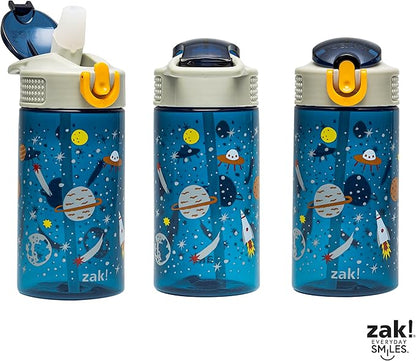 Zak Designs Kids Water Bottle For School or Travel, 16oz Durable Plastic Water Bottle With Straw, Handle, and Leak-Proof, Pop-Up Spout Cover (Space)