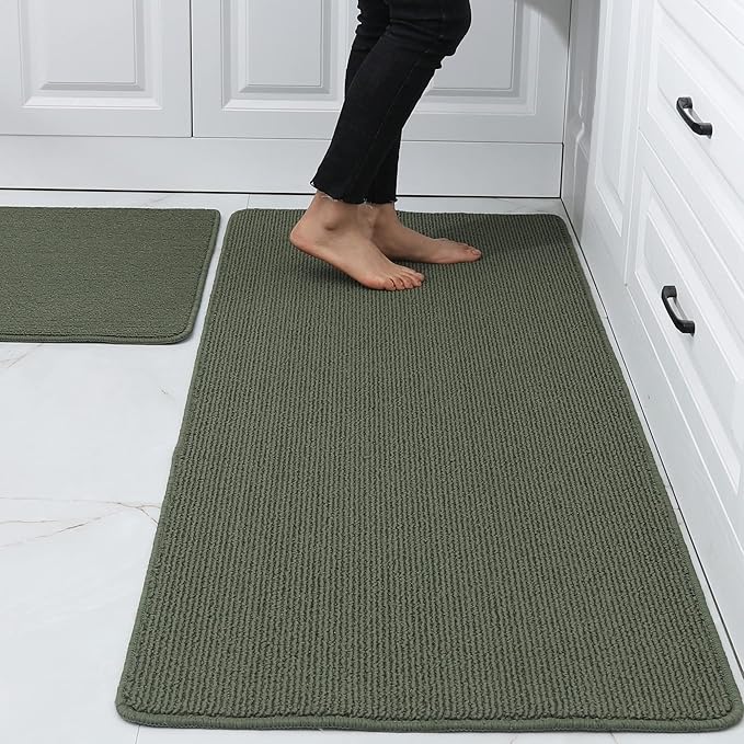 COSY HOMEER 20x30 Inch/20X48 Inch Kitchen Rug Mats Made of 100% Polypropylene Strip TPR Backing 2 Pieces Soft Kitchen Mat Specialized in Anti Slippery and Machine Washable,Green