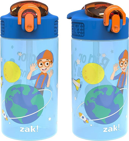 Zak Designs Blippi Kids Water Bottle with Spout Cover and Built-In Carrying Loop, Made of Durable Plastic, Leak-Proof Design for Travel (16 oz, Pack of 2)