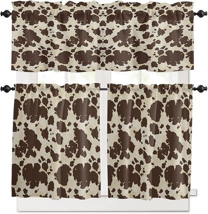 Vandarllin Kitchen Curtains and Valances Set,Brown Cowhide Cow Print Window Treatments Tiers Graffie Semi Sheer Half/Short Curtains for Small Windows Cafe/Living Room/Bedroom 54x24 in, 3-Piece