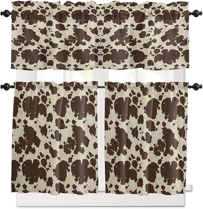 Vandarllin Kitchen Curtains and Valances Set,Brown Cowhide Cow Print Window Treatments Tiers Graffie Semi Sheer Half/Short Curtains for Small Windows Cafe/Living Room/Bedroom 54x36 in, 3-Piece