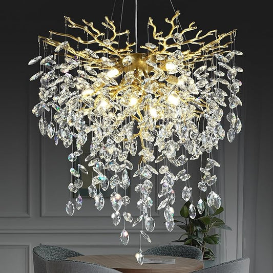 24 inch Crystal Chandelier for Dining Room, Round Gold Tree Branches Chandeliers, Top K9 Crystal Chandelier, Modern Chandeliers for Kitchen,Foyer Entryway,Luxury Adjustable Hanging Chandelier