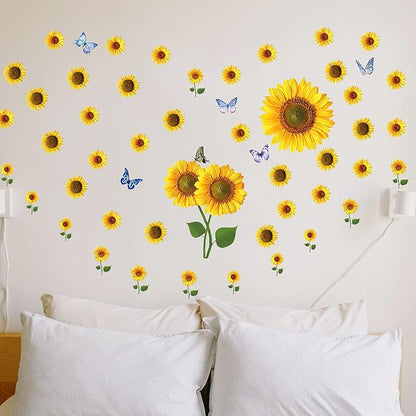 Sunflower Wall Stickers with 3D Butterfly Removable Yellow Flower Wall Decals Waterproof Sunflower Decor Mural for Nursery Baby Kids Bedroom Living Room Bathroom Kitchen Decoration (73 Pcs Yellow)