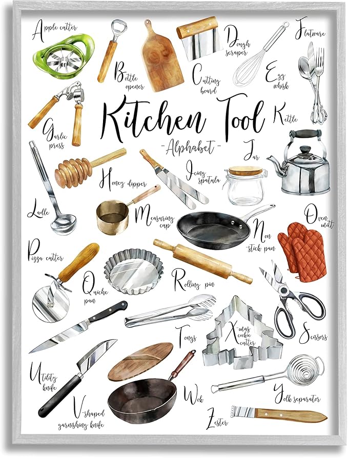 Stupell Industries Kitchen Tool Alphabet Cooking Accessory ABC Chart, Designed by Ziwei Li Gray Framed Wall Art, 11 x 14, Multi-Color