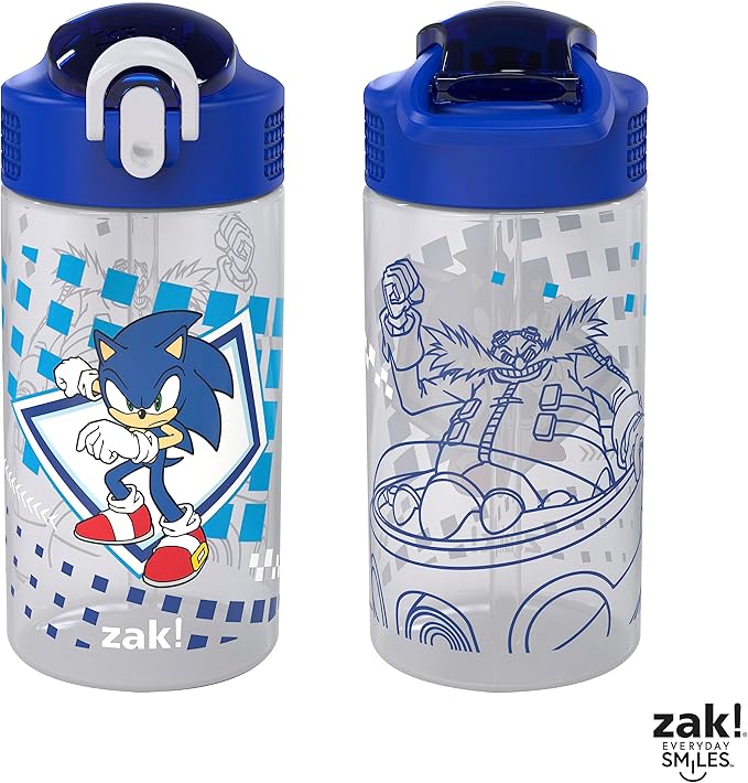 Zak Designs Sonic Kids' 2-Pack Leak-Proof Water Bottles With Straw, Handle and Pop-Up Spout Cover